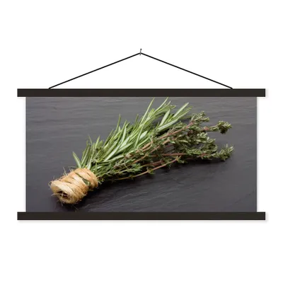 Produktbild von MuchoWow® Textilposter Thymian - Kräuter - Grün - Tisch - Küche - Stein 120x60 cm mit schwarzem Rahmen - Dekoration Schlafzimmer