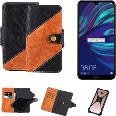 Produktbild von K-S-Trade Handyhülle Schutzhülle Bookstyle Case Wallet-Case kompatibel mit Huawei Y7 (2019) Handy Cover Bumper Klapphülle schwarz hellbraun 1x
