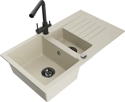 Produktbild von Mexen Matias 1,5-Becken-Granitspüle mit Abtropffläche und Mischbatterie Duero, Beige - 6502-69-671600-70