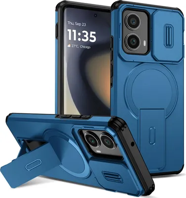 Obrázek produktu pro Magnetické pouzdro pro Motorola Edge 2024, dvouvrstvé odolné pouzdro s posuvnou ochranou fotoaparátu a nastavitelným stojánkem Modrá