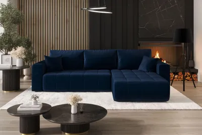 Image de Canapé d'angle avec fonction sommeil et coffre de lit MILO, tissu MONOLITH, bleu foncé, droite