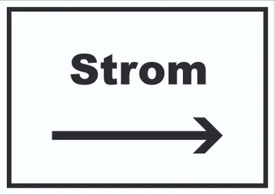 Produktbild von Strom Schild mit Text und Richtungspfeil rechts Anschluss waagerecht A5 (148x210mm)