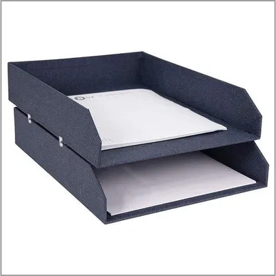 Immagine prodotto di Borsa portadocumenti per l'ufficio, contenitori impilabili per lettere, documenti e altro, sistema organizzativo in fibra di legno con rivestimento effetto lino, blu