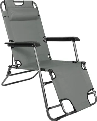 A gray reclining lounge chair with a headrest, shown from a diagonal angle against a white background.