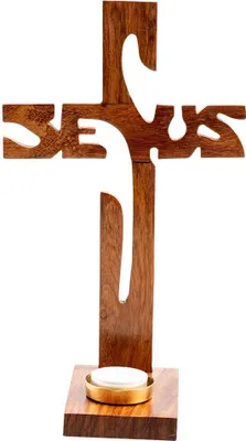 Produktbild von Standkreuz Jesus Höhe 29cm Stehkreuz aus Holz Lackiert Für Teelicht Ø 4 - 4,5cm