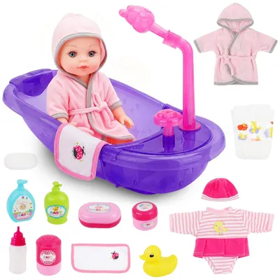 Produktbild von Puppen Badewanne Set mit 30cm Puppe und Babypuppen Zubehör Spielzeug ab 3 Jahren Lila