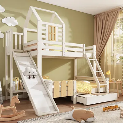 Immagine prodotto di Letto a castello (90x200 e 140x200 cm), letto a casetta con cassetto, scivolo e scaletta, letto a soppalco per bambini con rete a doghe (senza materasso)