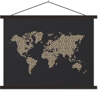 Produktbild von MuchoWow® Textilposter Weltkarte - Pantherdruck - Schwarz 40x30 cm mit schwarzem Rahmen - Dekorationen