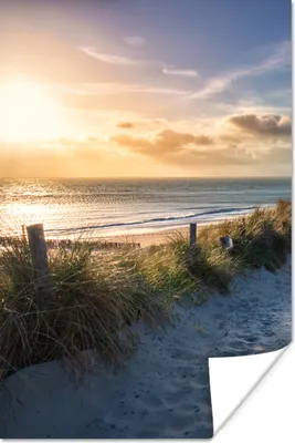Produktbild von MuchoWow® Poster Sonnenuntergang - Strand - Düne - Gras - Bank 40x60 cm - Plakate für die Wand - Poster Babyzimmer