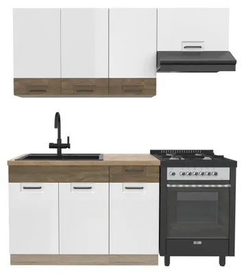 Produktbild von Küchenzeile 180 cm - FAVORIT D - Arbeitsplatte Lancelot Eiche - Weiß Hochglanz - Sonoma Eiche - Singleküche ohne Geräte - Metallbox Schubladen