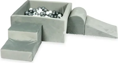 Produktbild von Schaumstoffspielplatz mit quadratischem Pool 90x90x40 Samtgrau + 400 Bälle: weiß, silber