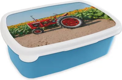 Produktbild von KitchenYeah® Lunchbox Brotzeit Brotdose 17x11 cm Traktor - Rot - Sonnenblume - Bauernhof - Blumen Kinder Brotzeitdose - Lunch - Kunststoff  - Brotbüchse - Sandwichbox - Lunchbox für Kinder