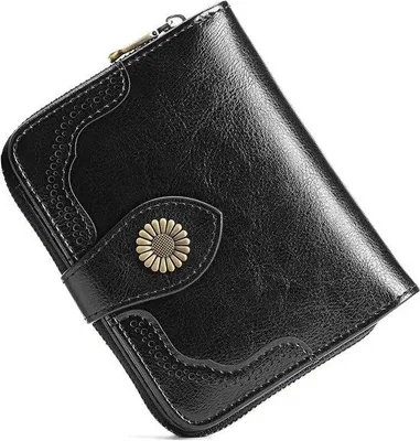 Productafbeelding van Leren Damesportemonnee met RFID-bescherming, Compacte Portemonnee met Kaartsleuven en Ritsvak, Zwart, Klassiek Design