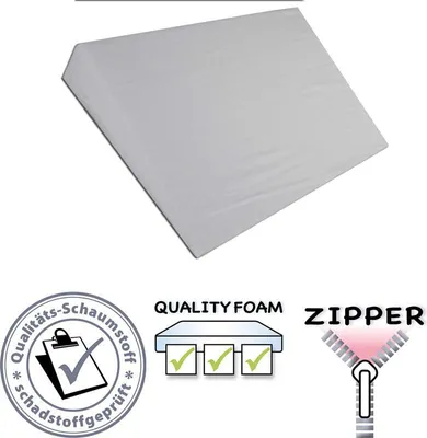 A wedge-shaped pillow on a white background with marketing icons.