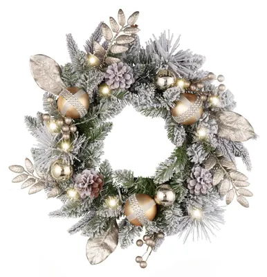 Produktbild von Weihnachtskranz 46cm Weiß Gold mit LED Beleuchtung und Tannenzapfen