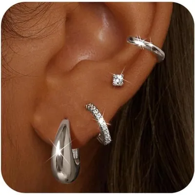 Produktbild von 4 Paar Ohrringe Damen Silber Gold Creolen Ohrstecker 14K Vergoldet Hypoallergen