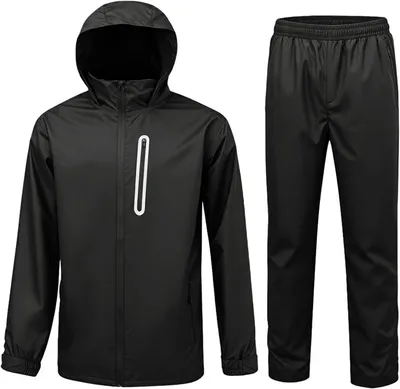 Productafbeelding van Regenpak voor heren, waterdicht, ademend, reflecterend, fietsregenkleding met jas met capuchon en regenbroek, elastische tailleband, 2-delige set