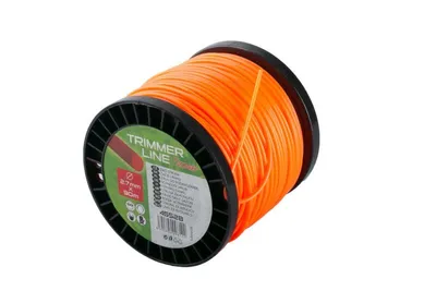 A spool of orange trimmer line on a black spool, presented against a white background.