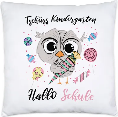 Produktbild von Tschüss Kindergarten Hallo Schule Kissen Inkl. Füllung Einschulung Grundschule Süßes Eulen-Motiv