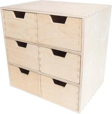 Produktbild von Holzbox mit 6 Schubladen - Aufbewahrungsbox - Unbemalter Multiplex - 28.5 x 20 x 28.5 cm - Dekorative Dekoration - OrganizerBox Sortierbox