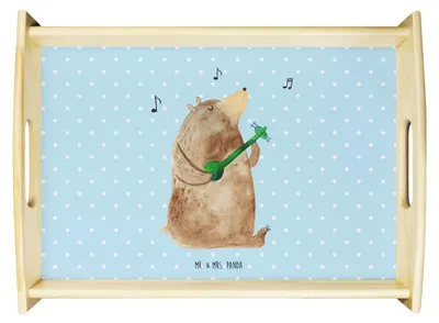 Produktbild von Mr. & Mrs. Panda Tablett Bär Gitarre - Blau Pastell - Geschenk, Holztablett, Servier, serviertablett aus holz, Dekotablett, Teddy