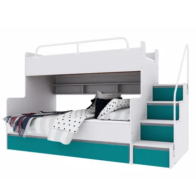 Produktbild von Marlux-Meble Hochbett Kinderbett JSM-3 mit Treppe 80x190 + 120x190 Matt Kinderbetten Funktionsbett Etagenbett Stockbett Kinderhochbett Jugendhochbett (Türkis Matt)