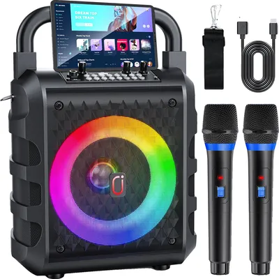 Obrázek produktu pro Karaoke stroj, Dva bezdrátové mikrofony, Připojení Bluetooth, Přenosný design