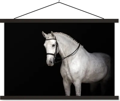 Produktbild von MuchoWow® Textilposter Pferd - Weiß - Schwarz 90x60 cm mit schwarzem Rahmen - Aufhängungssatz