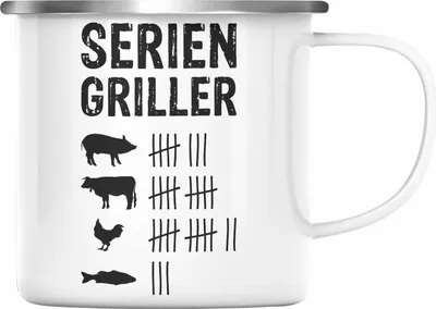 Produktbild von Trendation - Grillen Emaille Tasse Geschenk Männer Steak Liebhaber Grillen Geschenkidee Vater (Silber)
