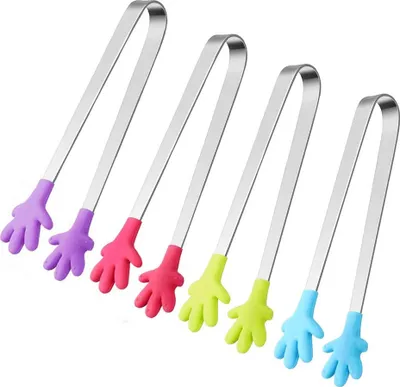 Produktbild von 4 Mini-Zuckerzangen mit Clip, multifunktionale Lebensmittelzangen, Zuckerzangen aus Silikon und Edelstahl für Eiswürfel, zum Grillen, für süße Eiswürfel und Salate