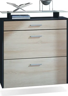 Produktbild von Vladon Schuhschrank Malea, hängender Schuhkipper für 16 Paar Schuhe mit 2 Klappen und 1 Schublade und Glasablage, Schwarz matt/Eiche Sägegrau (89 x 96 x 23 cm)
