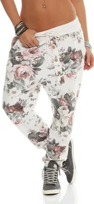 Produktbild von 130 Damen Jogginghose Hose Sweatpants Baumwolle Freizeithose Boyfriend Baggy Haremshose Einheitsgröße (36-40)  Blumen Muster Print, Weiß