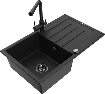 Produktbild von Mexen Bruno 1 Becken-Granitspüle mit Abtropffläche und Mischbatterie Duero, Schwarz - 6513-77-671600-70-B