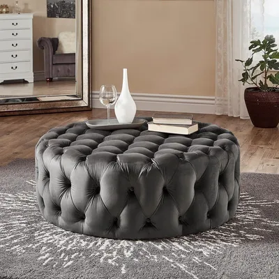Zdjęcie produktu dla Designerski stołek Chesterfield w kolorze szarym Luksusowa tapicerowana pufa
