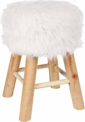 A white fluffy stool with wooden legs on a white background.