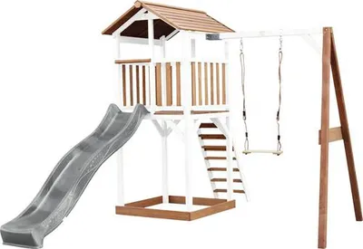 Immagine prodotto di AXI Beach Tower Torre giochi in legno in marrone e bianco | Torre di gioco con sabbiera, altalena e scivolo grigio | Casa per bambini su palafitte per il giardino