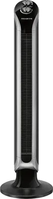 A black and silver tower fan on a white background.