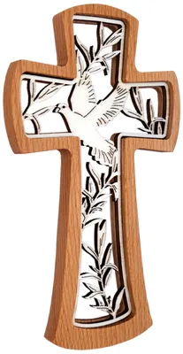 Wandkreuz aus Buchenholz mit Taube, 20 cm, modern