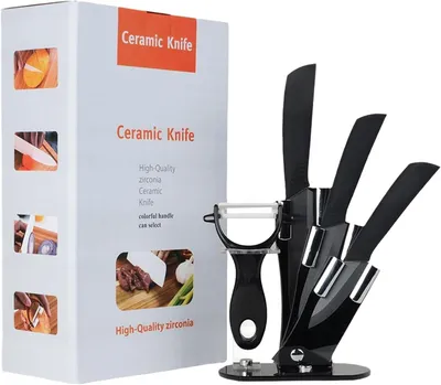 Zdjęcie produktu dla Zestaw ceramicznych noży, 3-częściowy, z ostrzami do warzyw, owoców i mięsa, z blokiem na noże, kolor czarny, do kuchni