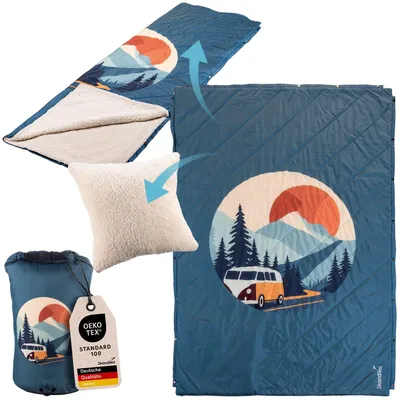 Produktbild von Skandika Campingdecke Liva Sherpa Bus | 4-in-1 Outdoor Decke, 200 x 135 cm, Überwurf, Schlafsack, Kissen, mit Teddyfell Unterseite