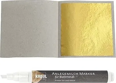 Produktbild von 50 Blatt Blattgold Imitat Blattmetall Schlagmetall zum Vergolden & Basteln Kunst Handwerk Vergoldung Dekoration Möbel Malerei + 1 x Kreul Marker Anlegemilch im Stift
