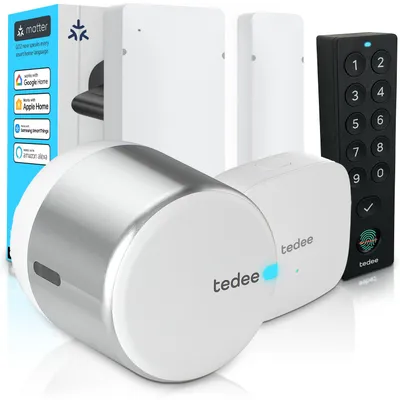 Obrázok produktu pre Tedee GO2 Alu s Bridge, Keypad PRO a senzorom dverí – Inteligentný zámok na dvere, WiFi, odtlačok prsta, vzdialený prístup | Matter, Apple HomeKit