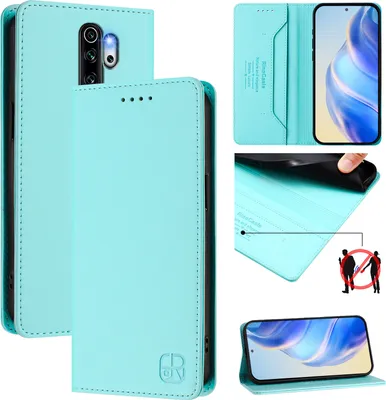 Produktbild von Lederhülle für Xiaomi Redmi Note 8 Pro Hülle Flip Brieftasche Kartenfächern Ständer Schutzhülle Türkis