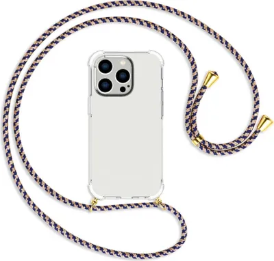Produktbild von Handykette Backcover-Schutzhülle mit Band (Metall goldfarben) für Apple iPhone 14 Pro (6.1'') - blau+beige