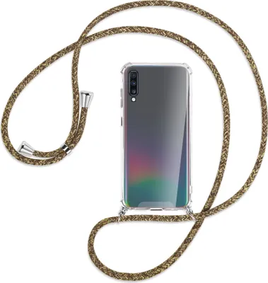 Produktbild von Handykette Backcover-Schutzhülle mit Band (Metall silberfarben) für Samsung Galaxy A70 - braun+beige
