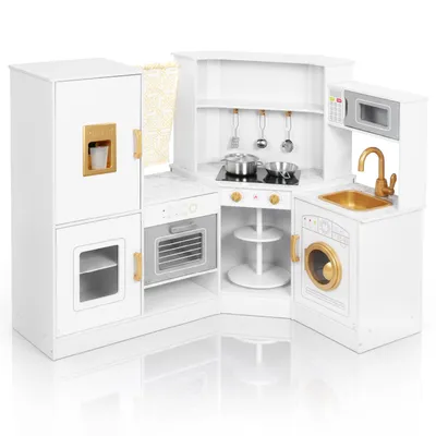 Produktbild von LEADZM Multifunktionale Spielküche Kinderküche aus Holz, Eck‑Design mit Kühlschrank, Waschmaschine, Backofen, Dreh‑Desserttisch, Metall‑Kochzubehör‑Set