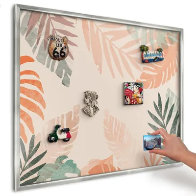 Produktbild von Magnettafel 80x60 cm in einem silbernen Rahmen - Magnetische Metalltafel, Magnetpinnwand zur Wandmontage für Wohnzimmer, Küche, Flur, Kinderzimmer und Büro - Tropische Blätter