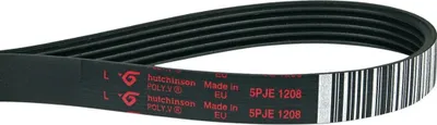 A black V-ribbed belt with red lettering and a barcode.