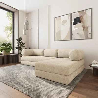 Produktbild von Masseno Ecksofa KELI mit Schlaffunktion, Modulares Schlafsofa aus Schaumstoff, Klappbares Bodensofa - Creme, QUELLE 02
