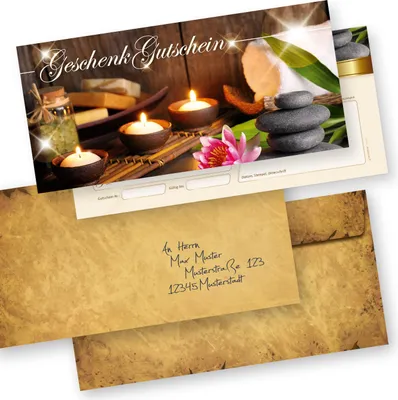 A gift voucher with a spa-themed image, including candles, stones, and a lotus flower, with an envelope addressed to a recipient.